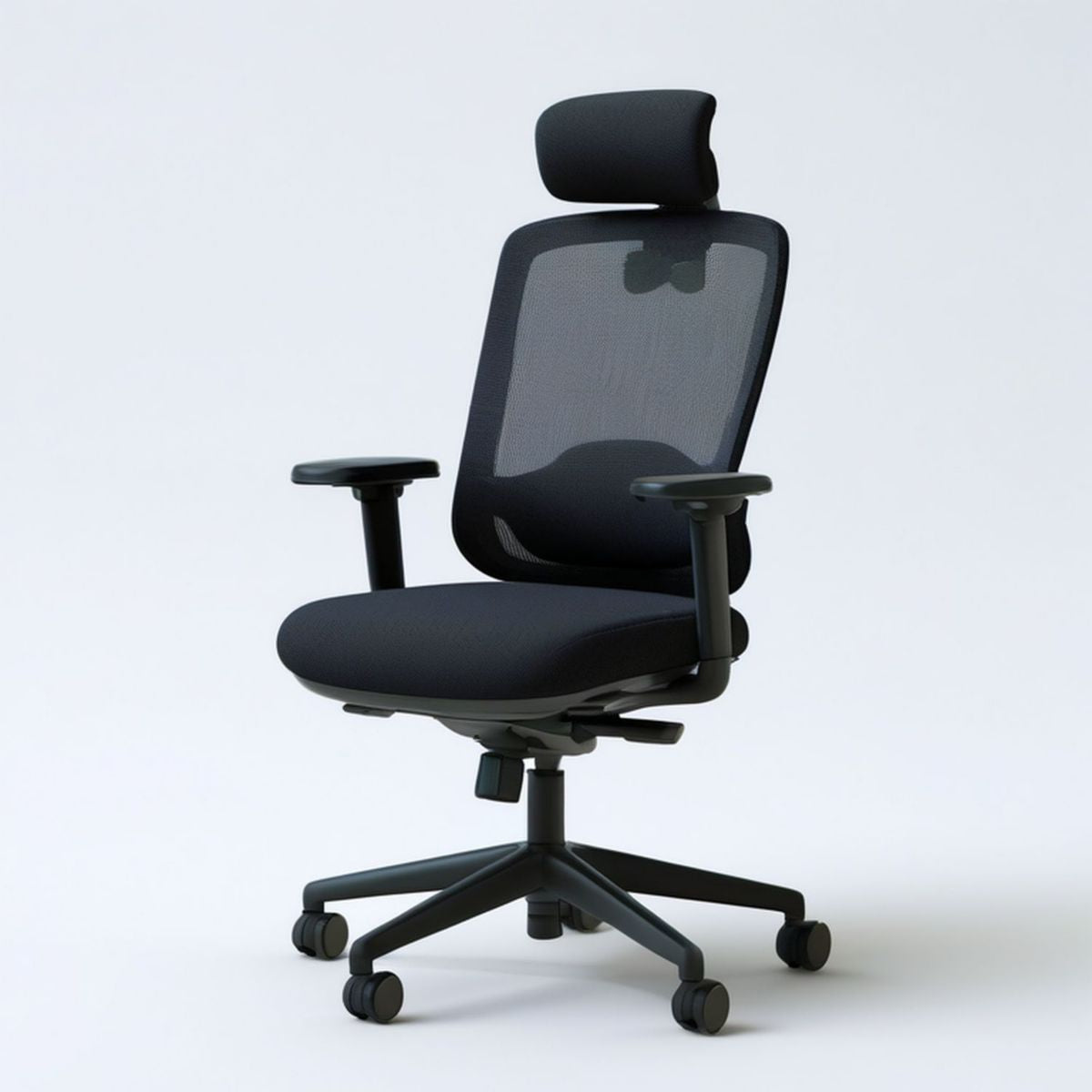 Ergonomischer Bürostuhl Schwarz mit Netzrücken, Kopfstütze, Armlehnen und Rollen, 65 x 65 x 115–125 cm