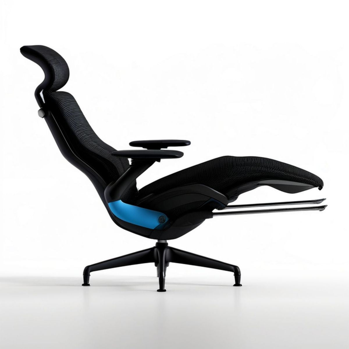 Ergonomischer Bürostuhl Schwarz/Blau mit Kopfstütze und ausziehbarer Fussstütze, 65 x 70 x 115–130 cm