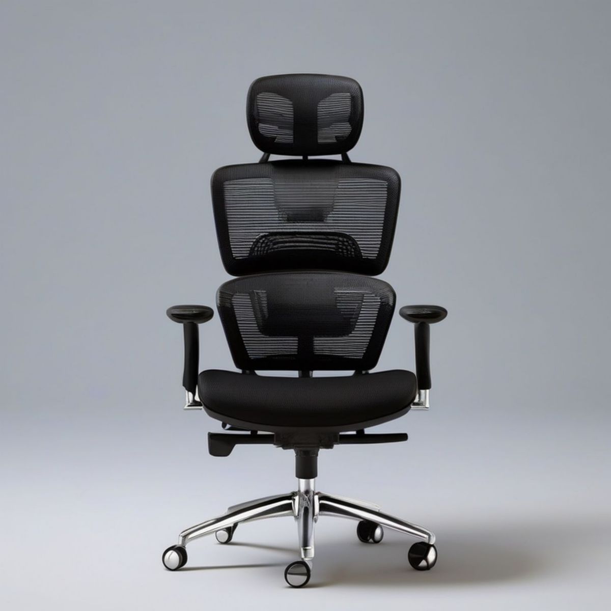 Ergonomischer Bürostuhl mit Kopfstütze, Netzrücken und Aluminium-Fusskreuz, Schwarz/Silber, 68 x 68 x 118–128 cm