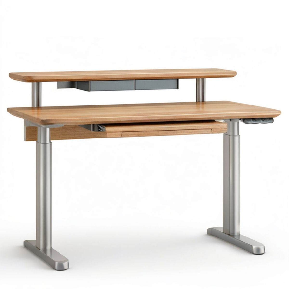Elektrisch höhenverstellbarer Schreibtisch 120 × 70 cm, 72–120 cm, Eichenfurnier Naturholz/Silber/Grau mit Monitoraufsatz, Schubladen und Tastaturablage