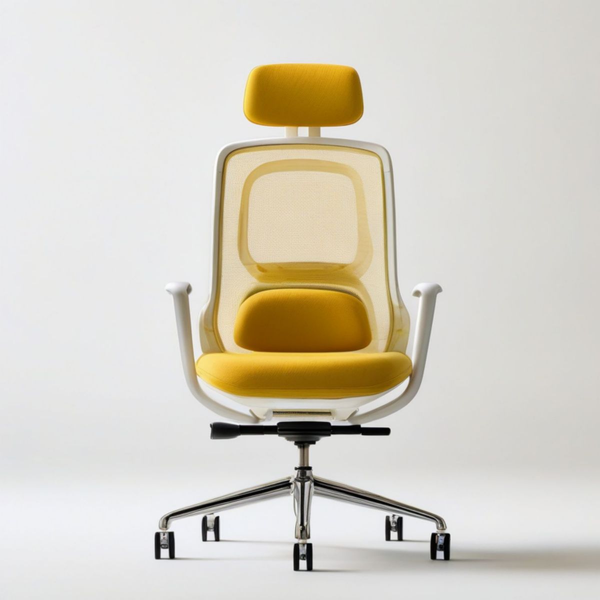 Ergonomischer Bürostuhl mit Kopfstütze, 66 × 66 × 116–126 cm, Gelb/Weiss