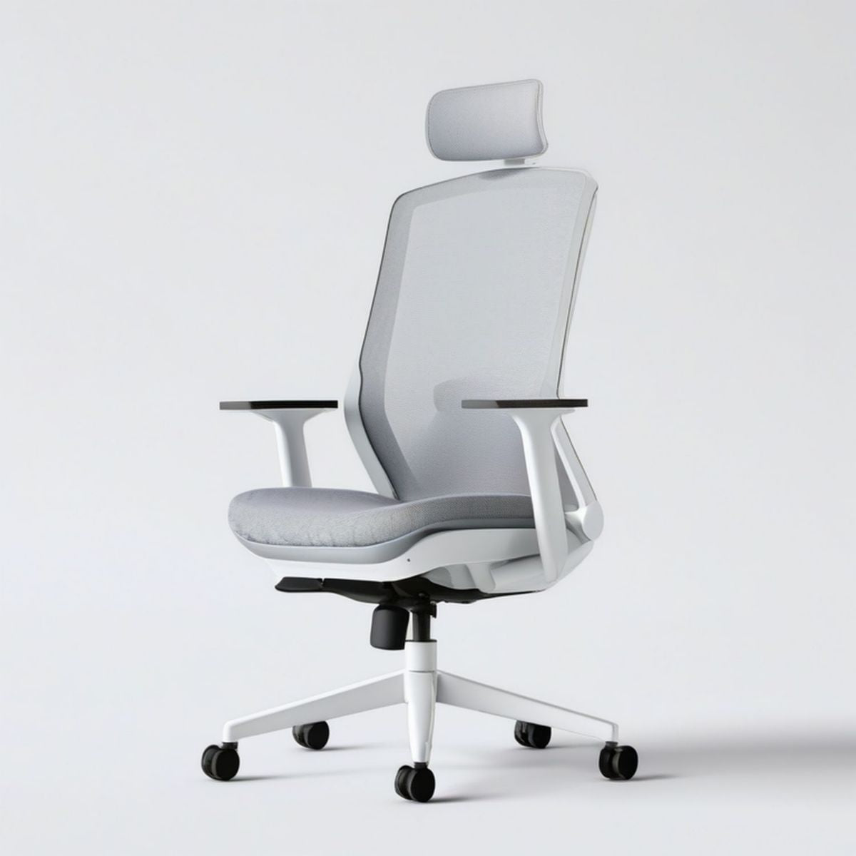 Ergonomischer Bürodrehstuhl mit Kopfstütze, 65 x 65 x 116–126 cm, Hellgrau/Weiss/Schwarz