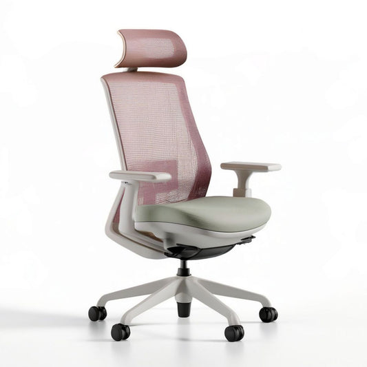 Ergonomischer Bürostuhl mit Kopfstütze, Netzrücken und Armlehnen, Rosa/Hellgrau/Weiss/Schwarz, 65 x 65 x 118–128 cm