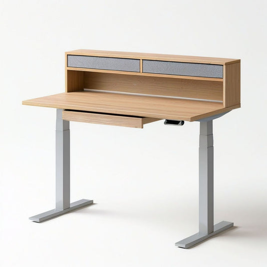 Elektrisch höhenverstellbarer Schreibtisch mit Aufsatz, 120 × 60 cm, Eiche/Grau