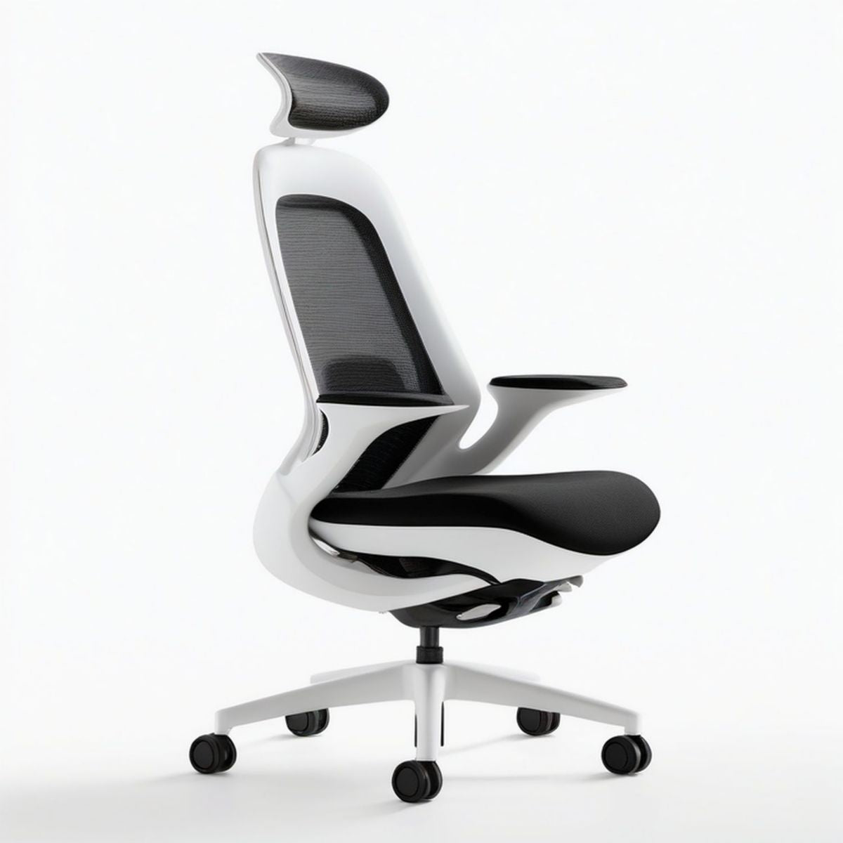 Ergonomischer Drehstuhl Schwarz/Weiss mit Kopfstütze, 66 x 66 x 121–131 cm