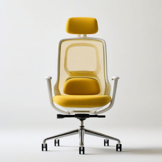 Ergonomischer Bürostuhl mit Kopfstütze, 66 × 66 × 116–126 cm, Gelb/Weiss