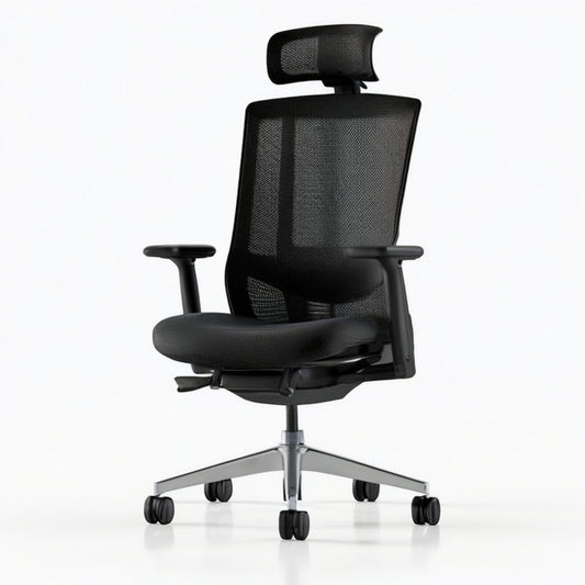 Ergonomischer Bürostuhl mit Kopfstütze und Netzrücken, Schwarz/Silber, 68 x 68 x 118–128 cm